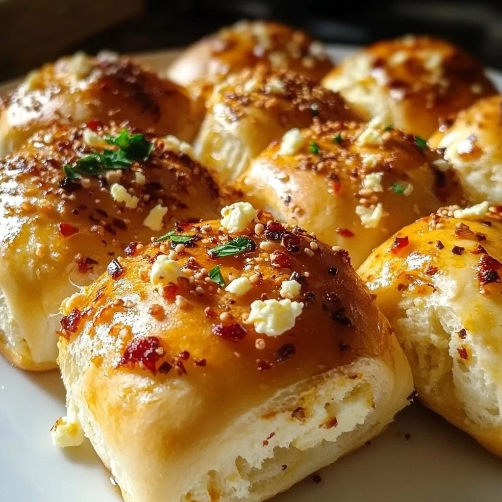 Plate of irresistible Feta Chili Honey Rolls garnished with chili flakes and honey drizzle.
