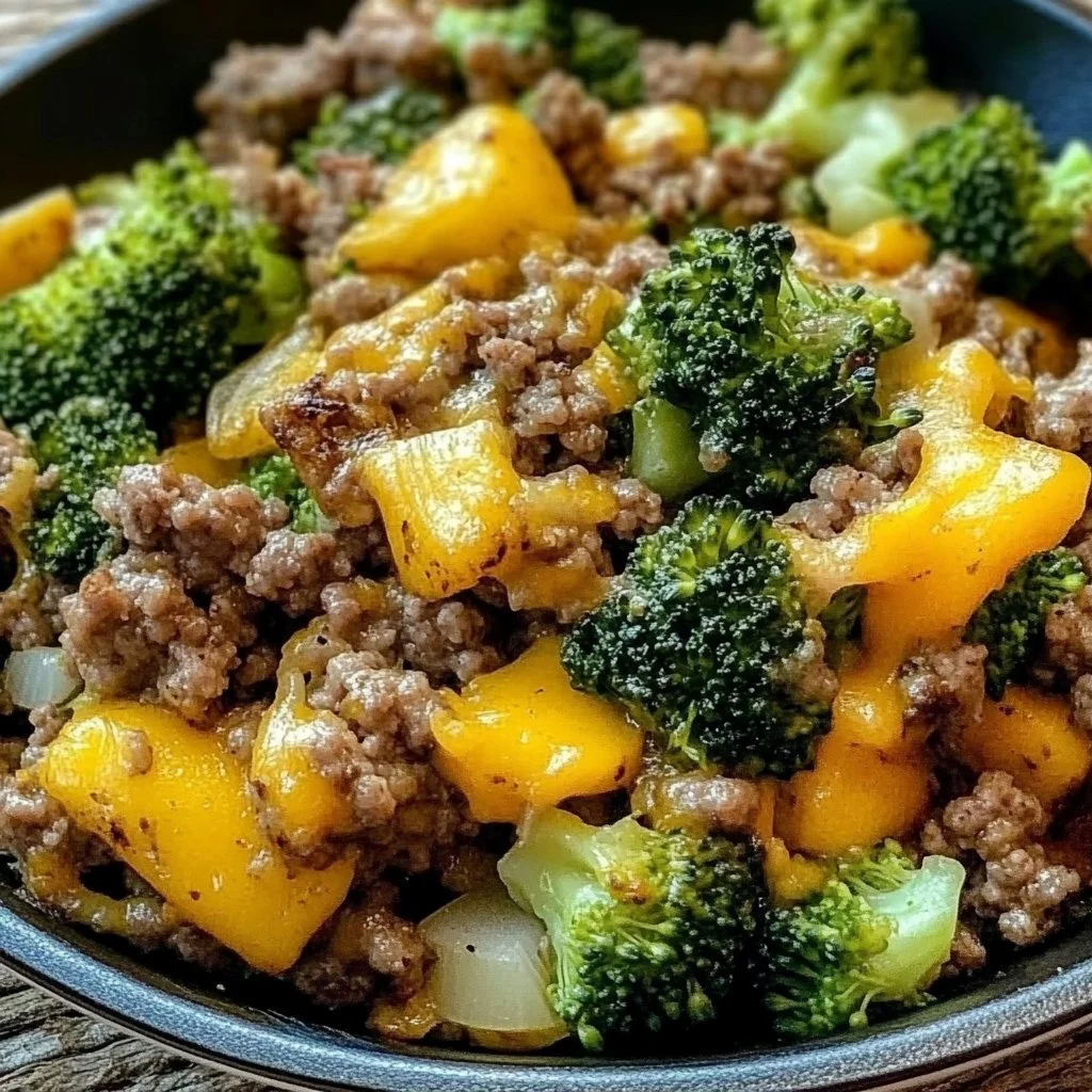 Keto hamburger skillet with broccoli in a frying pan