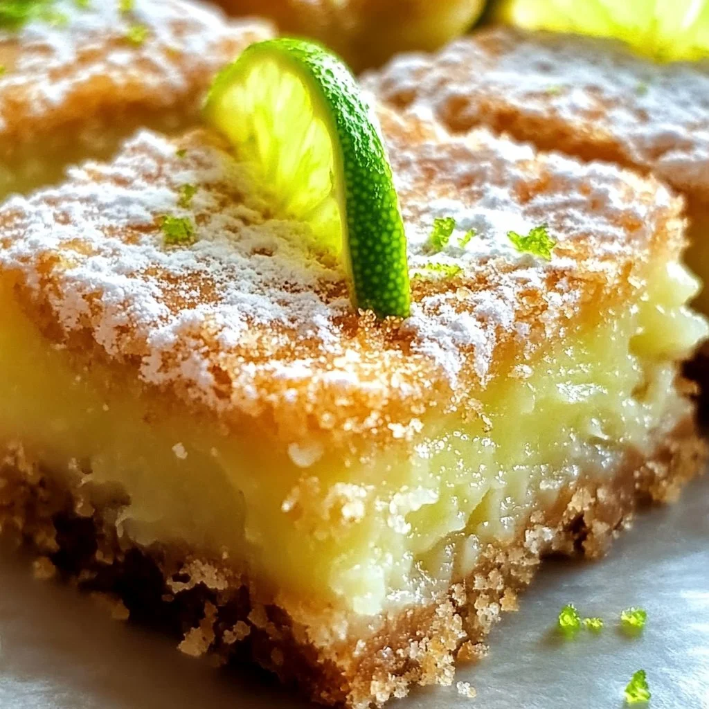 Delicious Key Lime Bars served on a plate with a lime garnish.