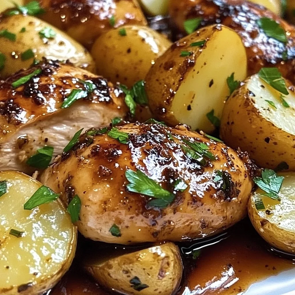 Lemon Balsamic Chicken with roasted potatoes on a plate