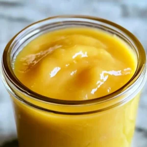 Delicious homemade lemon curd in a glass jar on a kitchen countertop