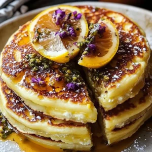 Lemon Ricotta Syrian Pancakes topped with syrup and fresh fruit