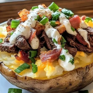 Delicious loaded baked potato topped with seasoned steak and garnishes