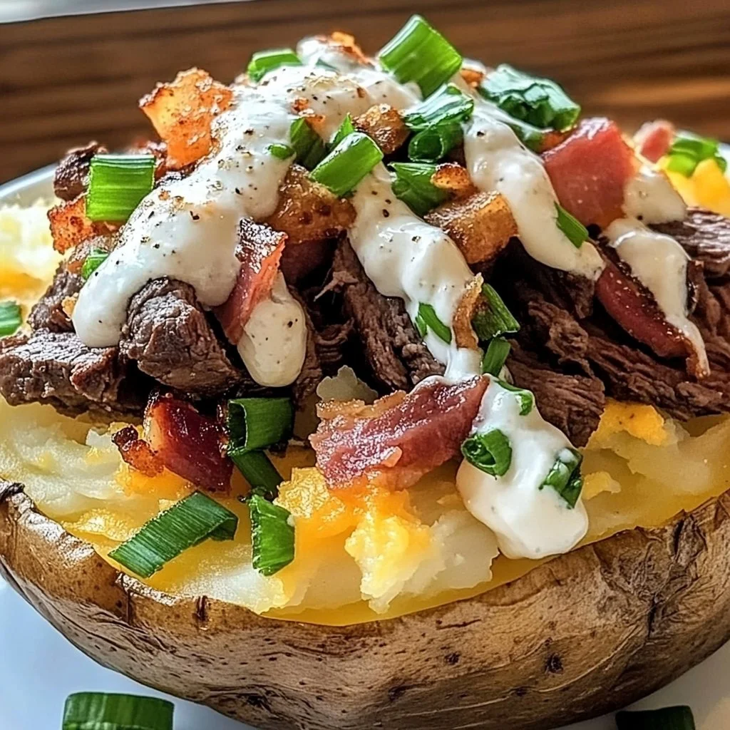 Delicious loaded baked potato topped with seasoned steak and garnishes