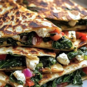 Mediterranean Quesadillas with spinach, feta, mozzarella, and red onion on a plate