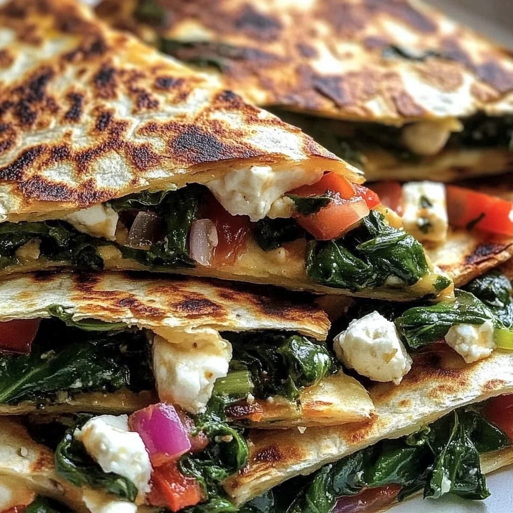 Mediterranean Quesadillas with spinach, feta, mozzarella, and red onion on a plate