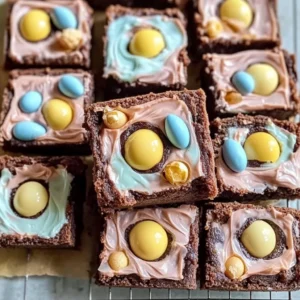 Delicious Mini Egg Brownies topped with colorful chocolate mini eggs