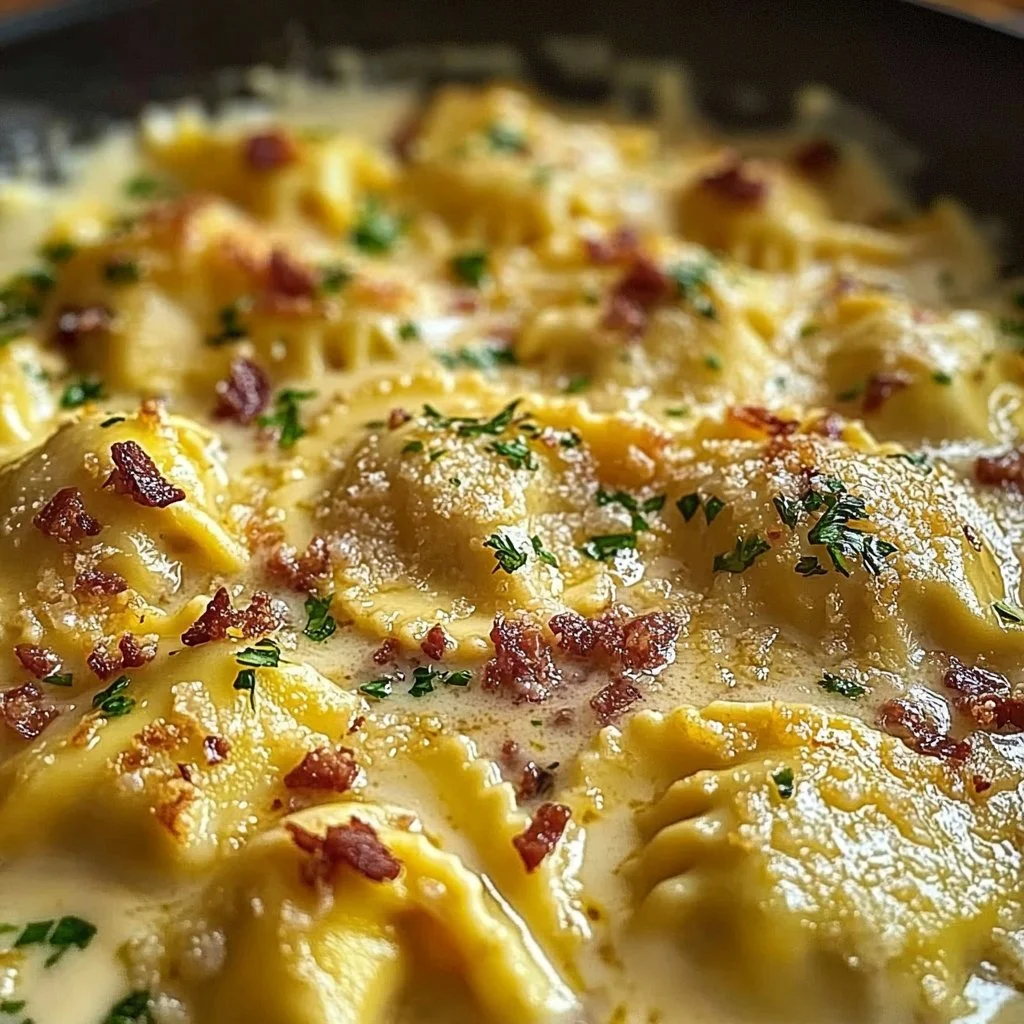 Olive Garden-inspired Ravioli Carbonara dish served in a plate