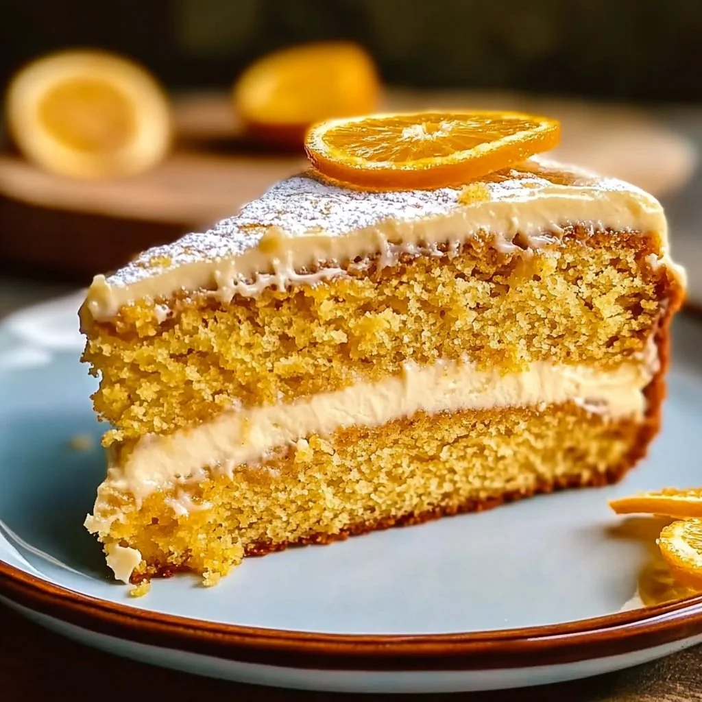 Slice of Orange Cardamom Cake topped with orange zest and cardamom seeds.