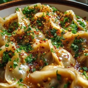 Oven-baked dumplings drizzled with delicious peanut sauce on a plate.