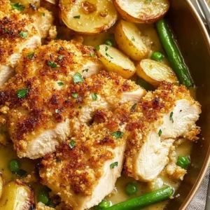 Parmesan Crusted Chicken Sheet Pan Dinner ready to serve with veggies.
