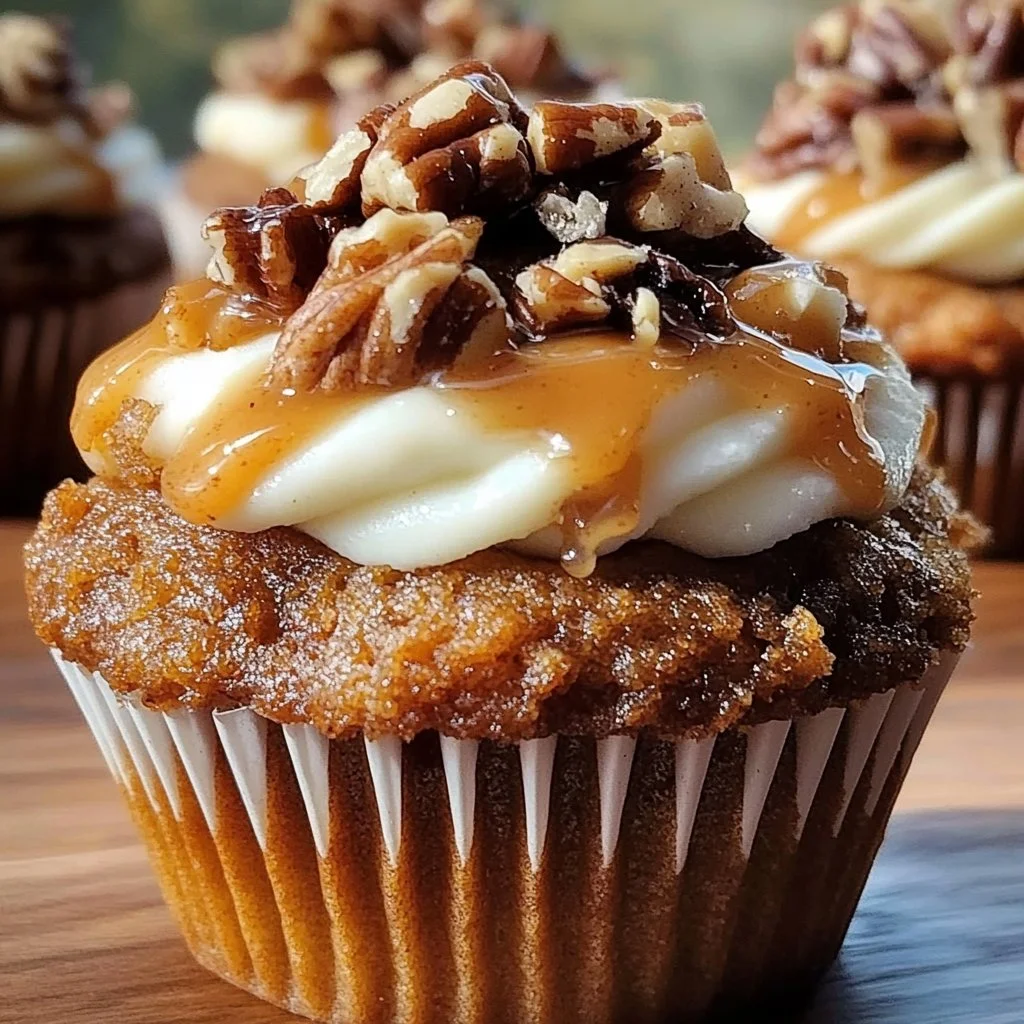 Delicious Pecan Pie Pumpkin Cupcakes topped with pecans and creamy frosting