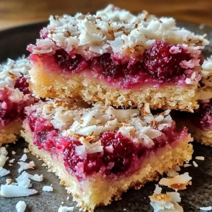 Delicious Raspberry Coconut Bars with Almond Crust ready to enjoy