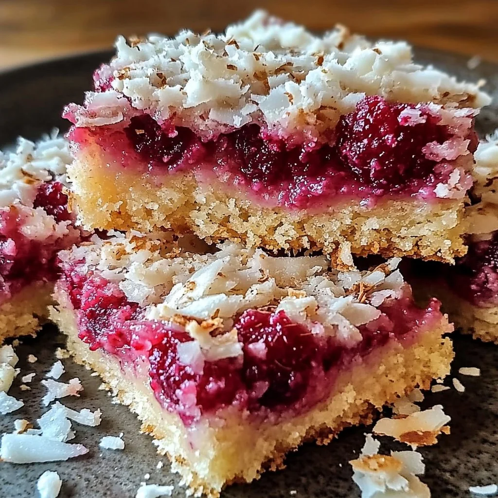 Delicious Raspberry Coconut Bars with Almond Crust ready to enjoy