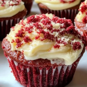 Red velvet cream cheese muffins topped with cream cheese frosting.