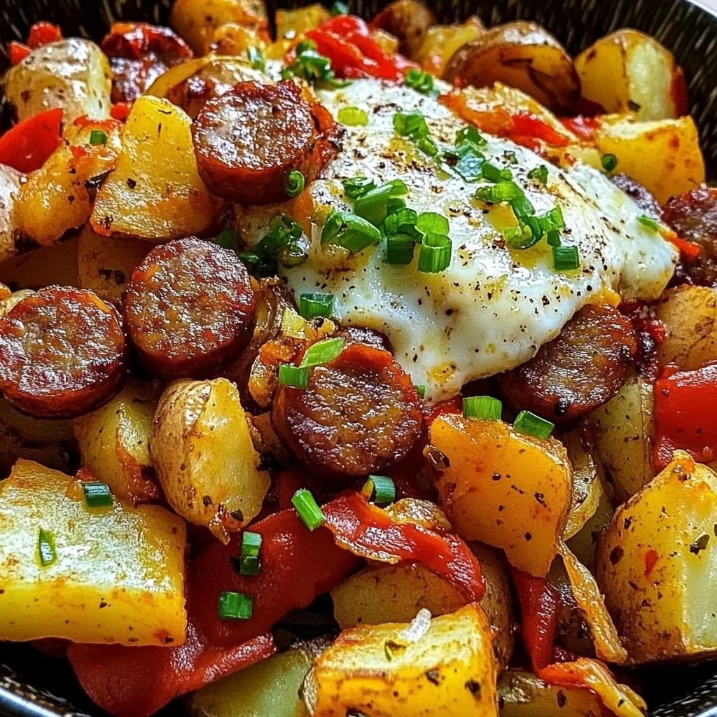 Delicious sausage and potato breakfast bowls topped with eggs and herbs