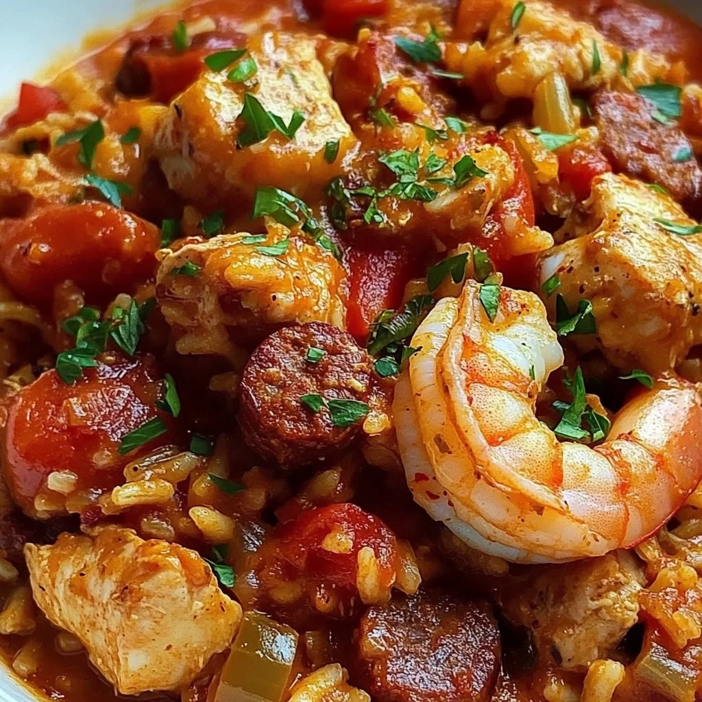 Bowl of slow cooker Cajun jambalaya with chicken, sausage, and shrimp