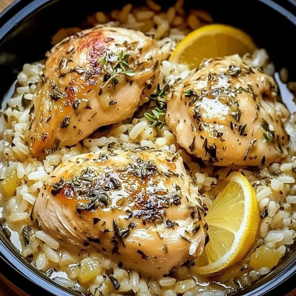 Slow Cooker Lemon Herb Chicken and Rice dish prepared with fresh herbs and spices.