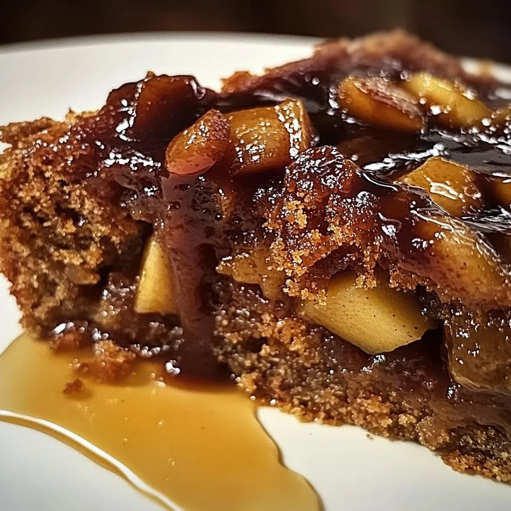 Soft apple date rustic cake with toffee glaze on a rustic wooden table