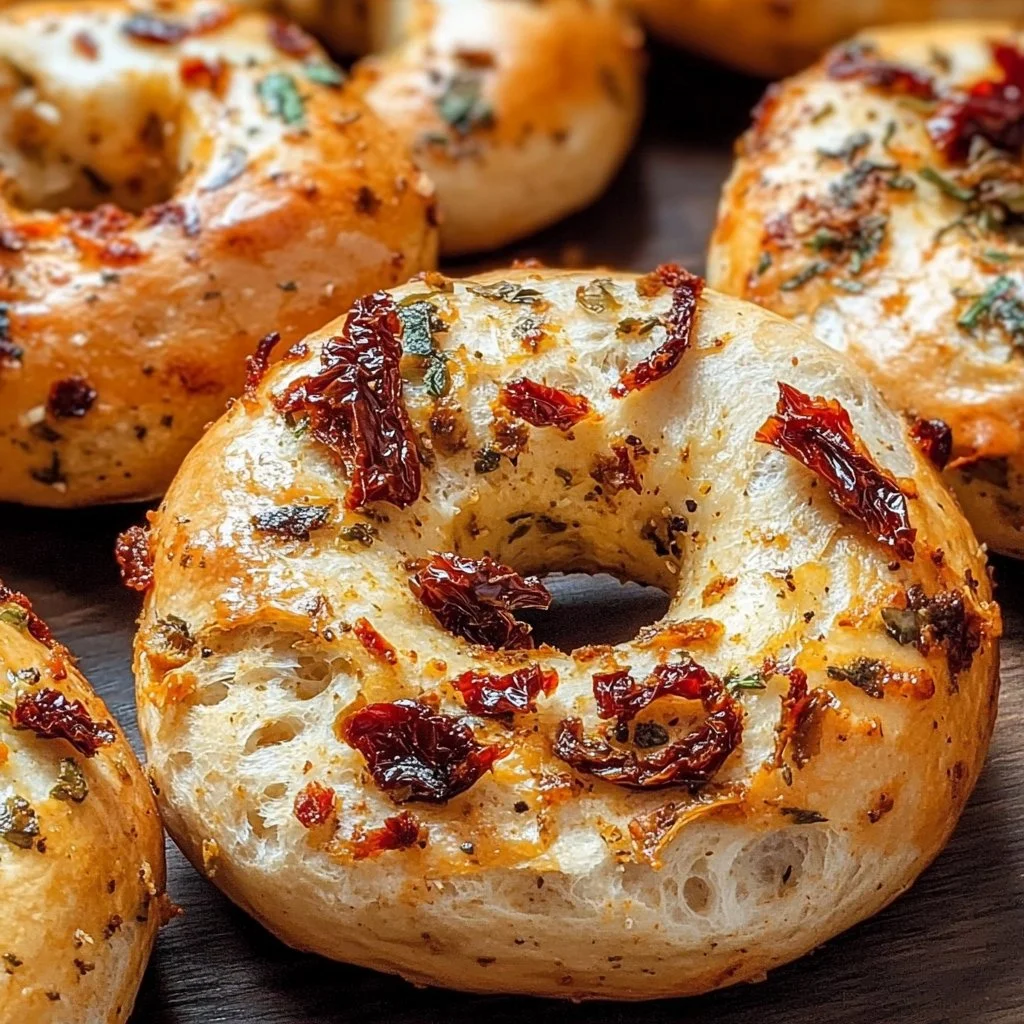 Sourdough sun dried tomato bagels topped with herbs and cheese