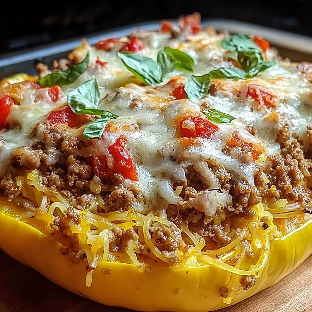 Spaghetti squash casserole with ground turkey, cheese, and vegetables served in a baking dish.