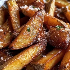 Crispy steak fries on a plate, showcasing golden brown texture and deliciousness.