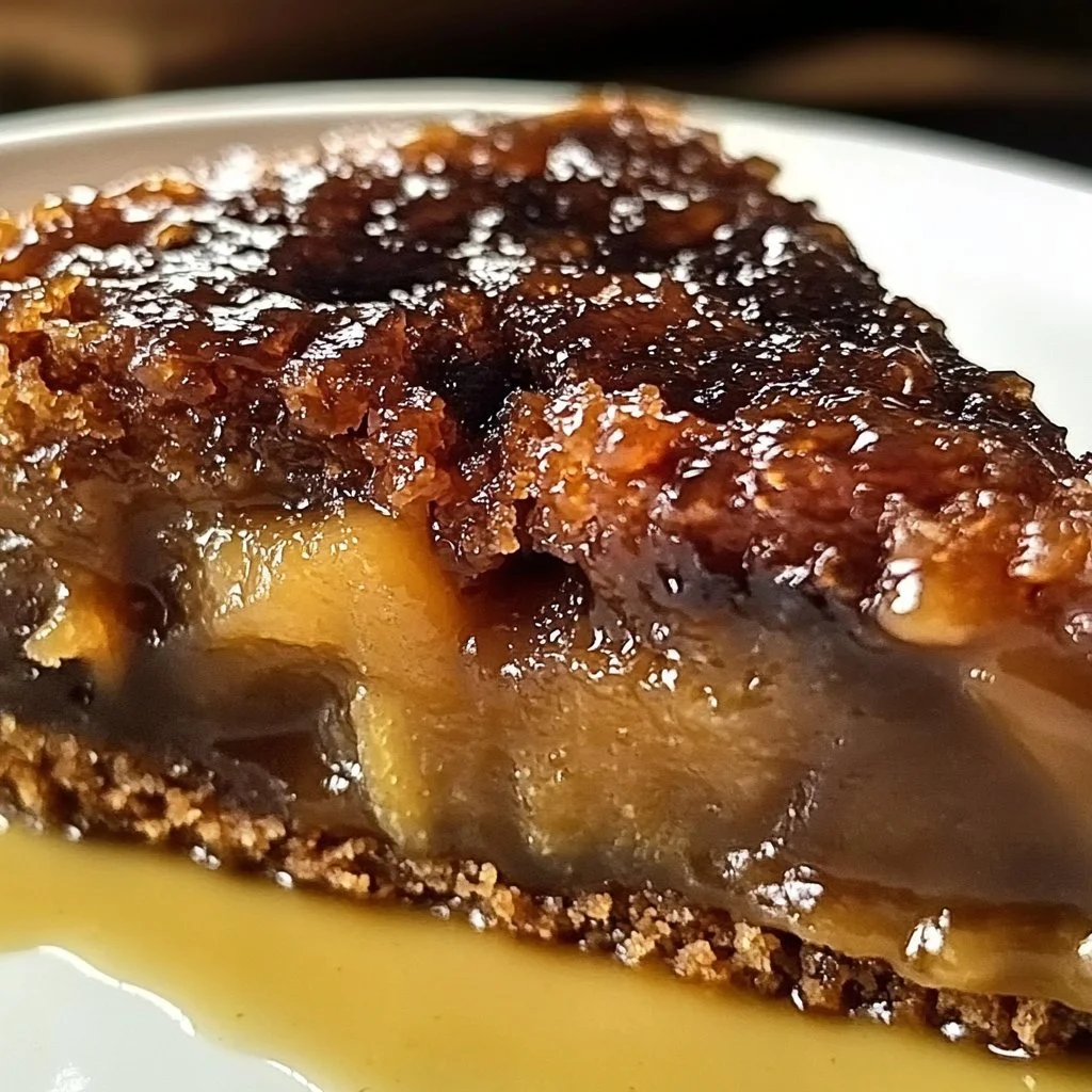 Delicious sticky apple date vanilla pudding cake on a rustic table.