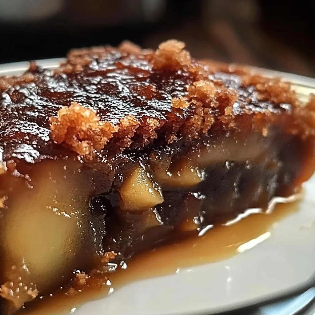 Slice of Sticky Apple Date Vanilla Pudding Cake on a plate with a fork