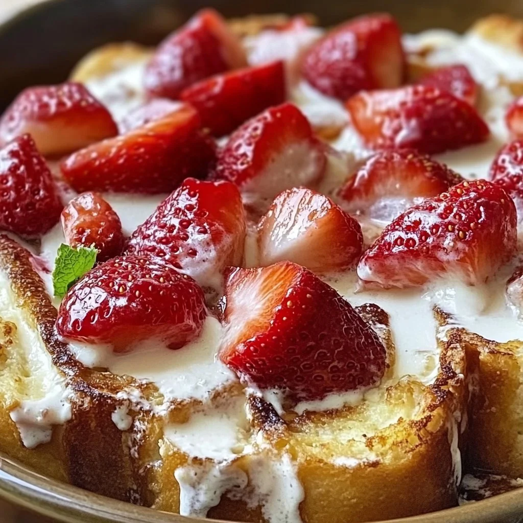 Delicious Strawberries & Cream French Toast Casserole ready to serve.