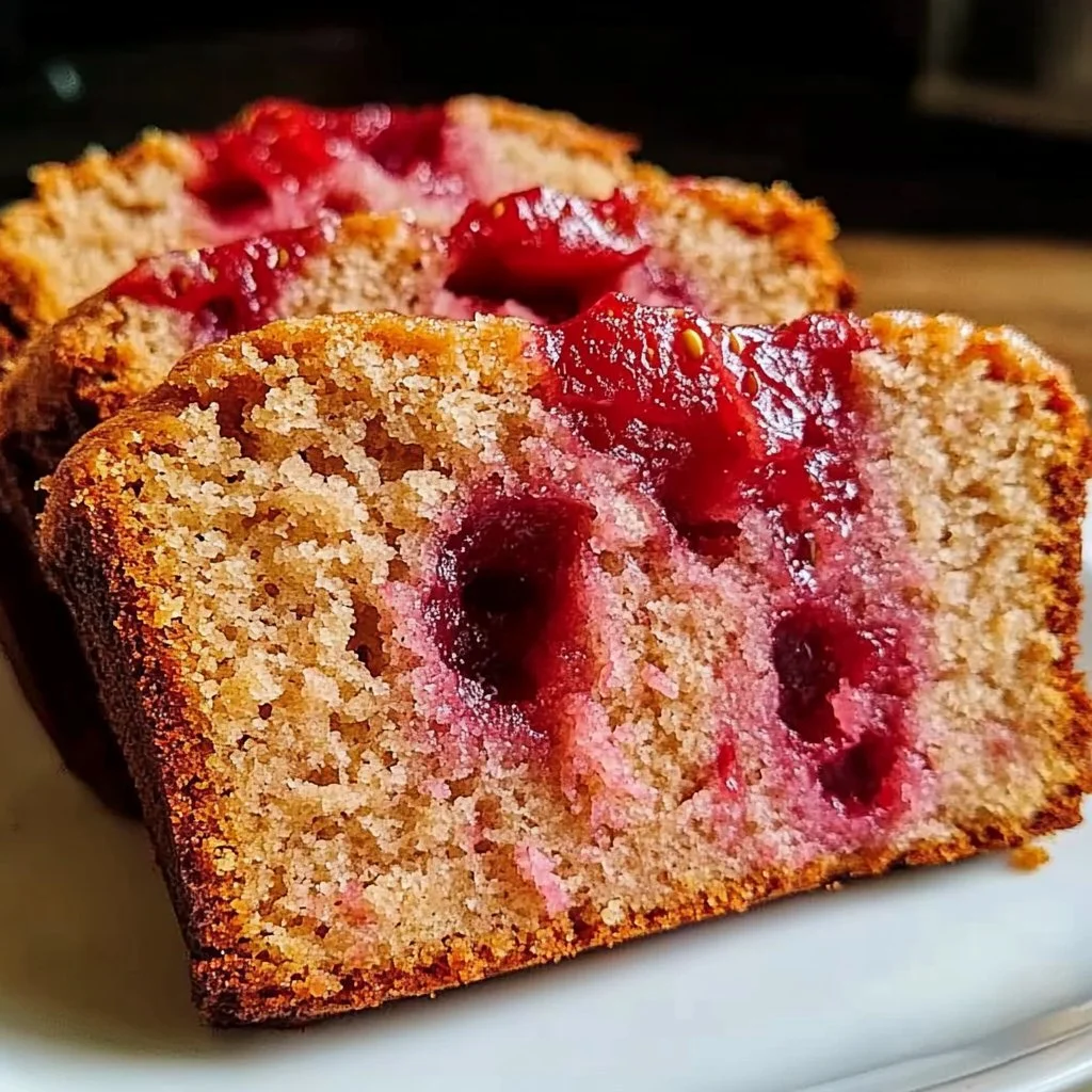 Deliciously moist Strawberry Banana Bread with slices showcasing strawberries and bananas.