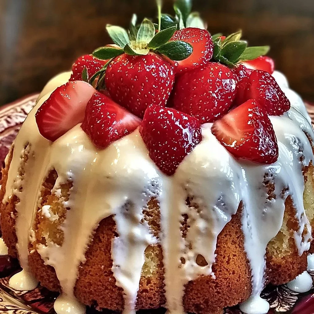 Delicious Strawberry Cream Cheese Pound Cake with fresh strawberries on top