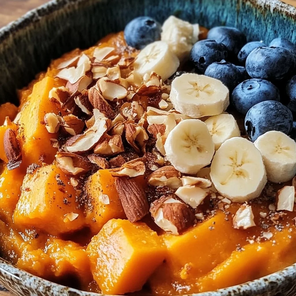Colorful sweet potato breakfast bowls topped with fruits and nuts