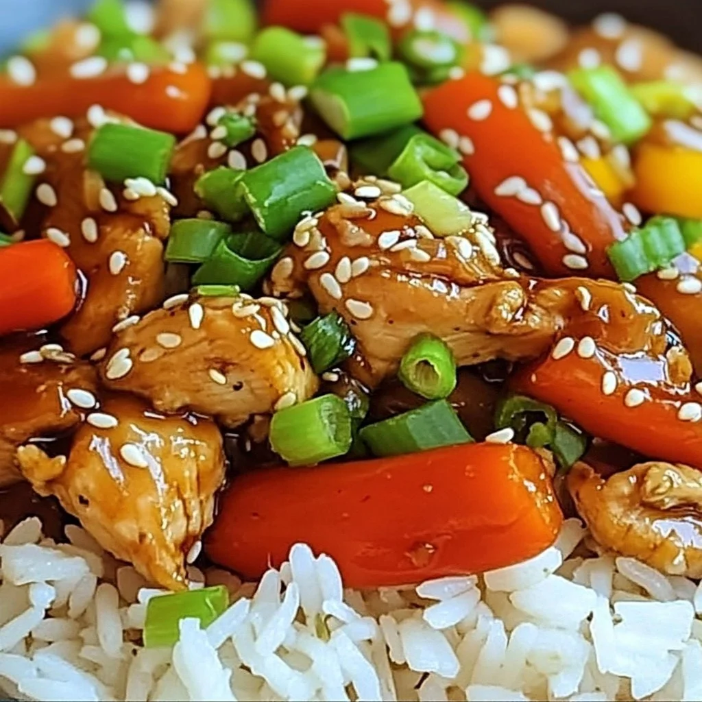 Delicious teriyaki chicken served with rice and colorful peppers.