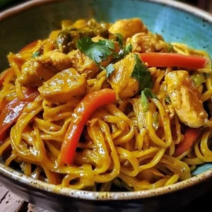 Plate of Thai Turmeric Chicken Noodles garnished with fresh herbs and vegetables.