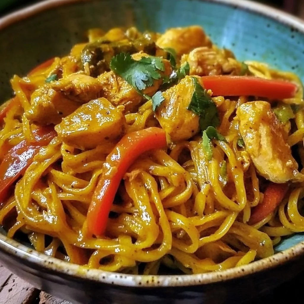 Plate of Thai Turmeric Chicken Noodles garnished with fresh herbs and vegetables.