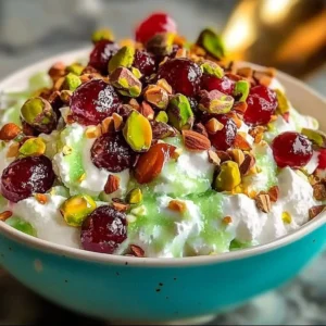 Traditional Watergate fruit salad with pistachios, a creamy and delightful dessert.
