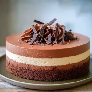 Decadent Triple Chocolate Mousse Cake topped with chocolate shavings