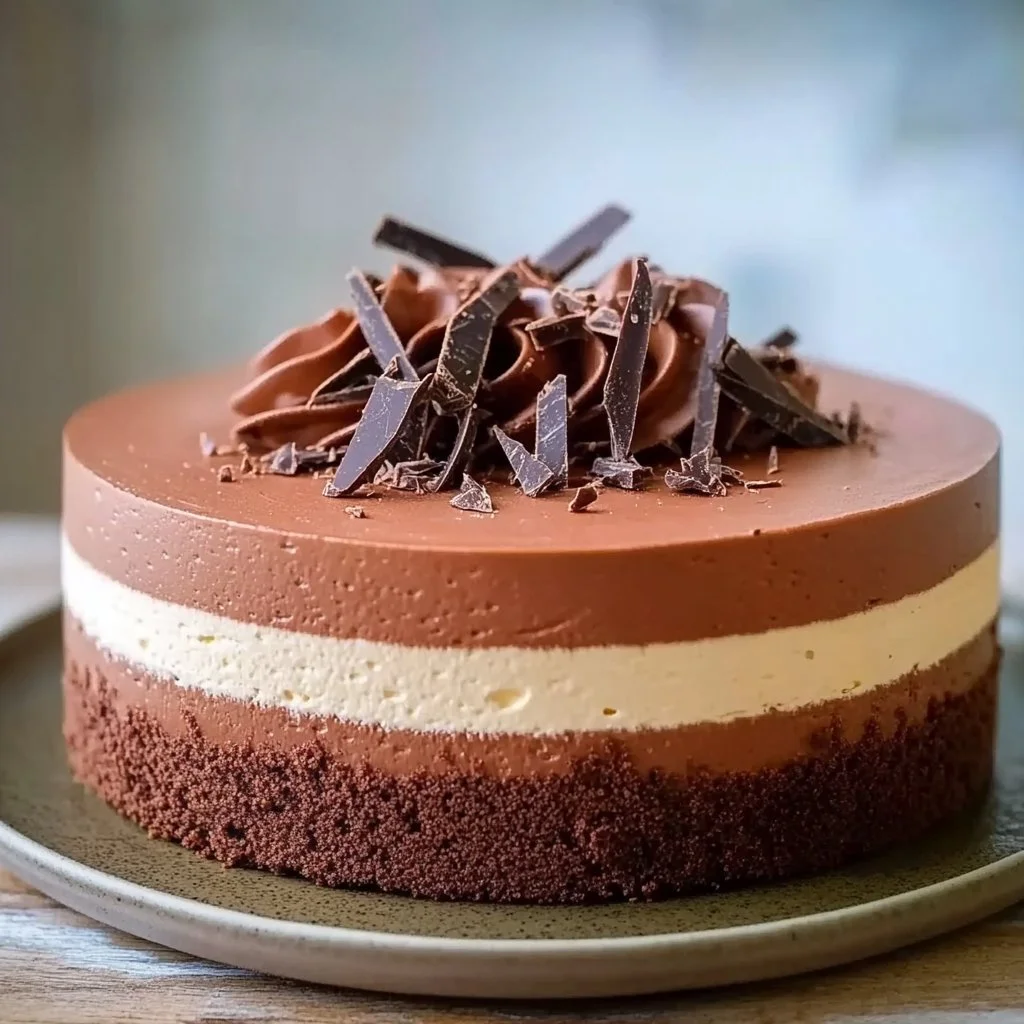 Decadent Triple Chocolate Mousse Cake topped with chocolate shavings