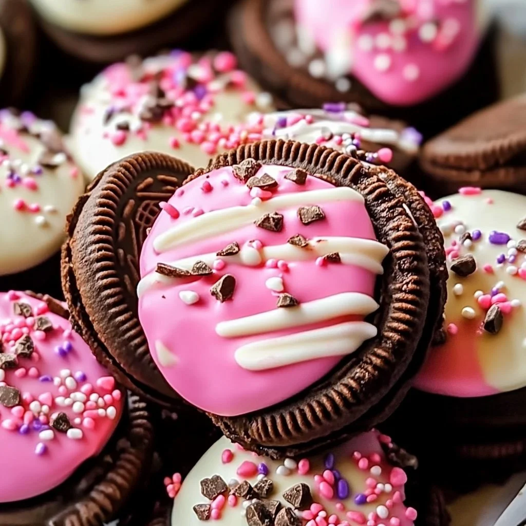 Valentine's Chocolate Dipped Oreos decorated with hearts