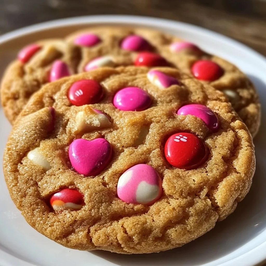 Valentine's Day M&M cookies decorated with heart-shaped candies.