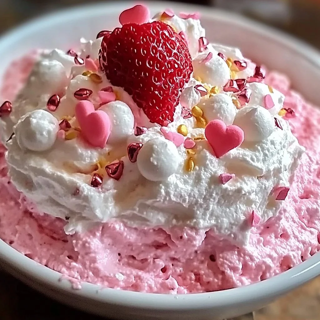 Valentine's Day Strawberry Cake Mix Fluff dessert topped with fresh strawberries