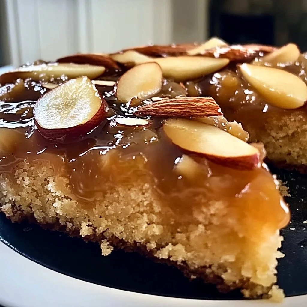 Delicious Almond Pear Upside-Down Cake topped with caramelized pears