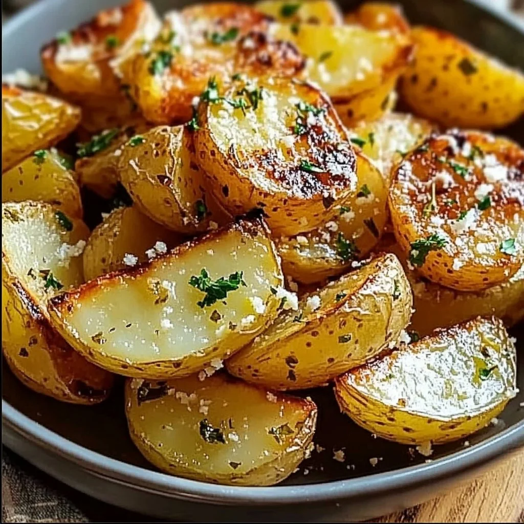 Crispy lemon Greek potatoes served in a dish, garnished with herbs.