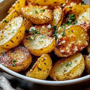 Plate of crispy lemon Greek potatoes garnished with herbs