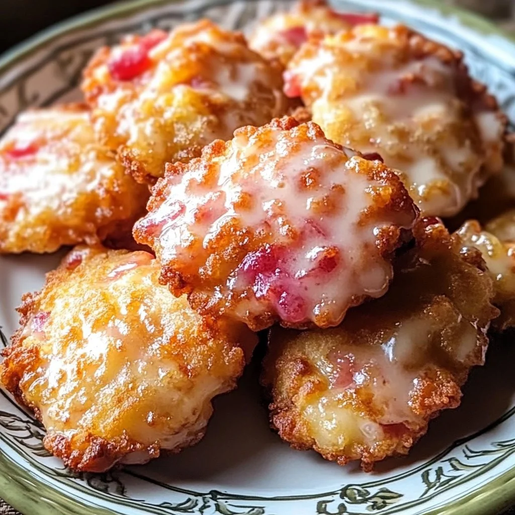 Delicious baked rhubarb fritters on a plate, showcasing their golden-brown texture.