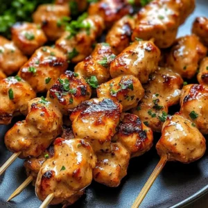 Delicious Bang Bang Chicken skewers served on a platter with dipping sauce