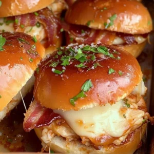 BBQ Chicken and Bacon Baked Sliders served on a platter