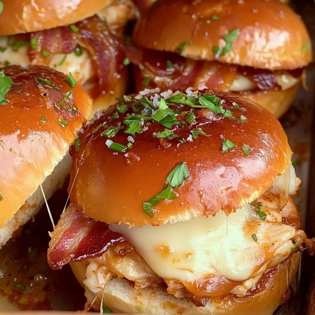 BBQ Chicken and Bacon Baked Sliders served on a platter