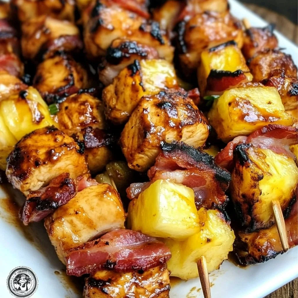 BBQ Chicken Kabobs with Bacon and Pineapple on a grill platter