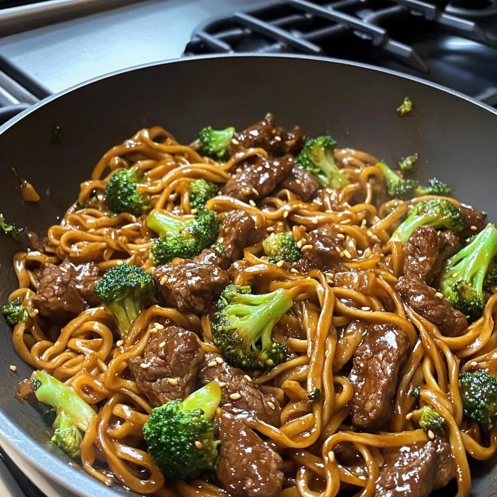 Delicious Beef and Broccoli Lo Mein Noodles served on a plate
